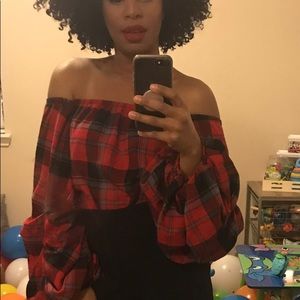 Off the shoulder Plaid Shirt
